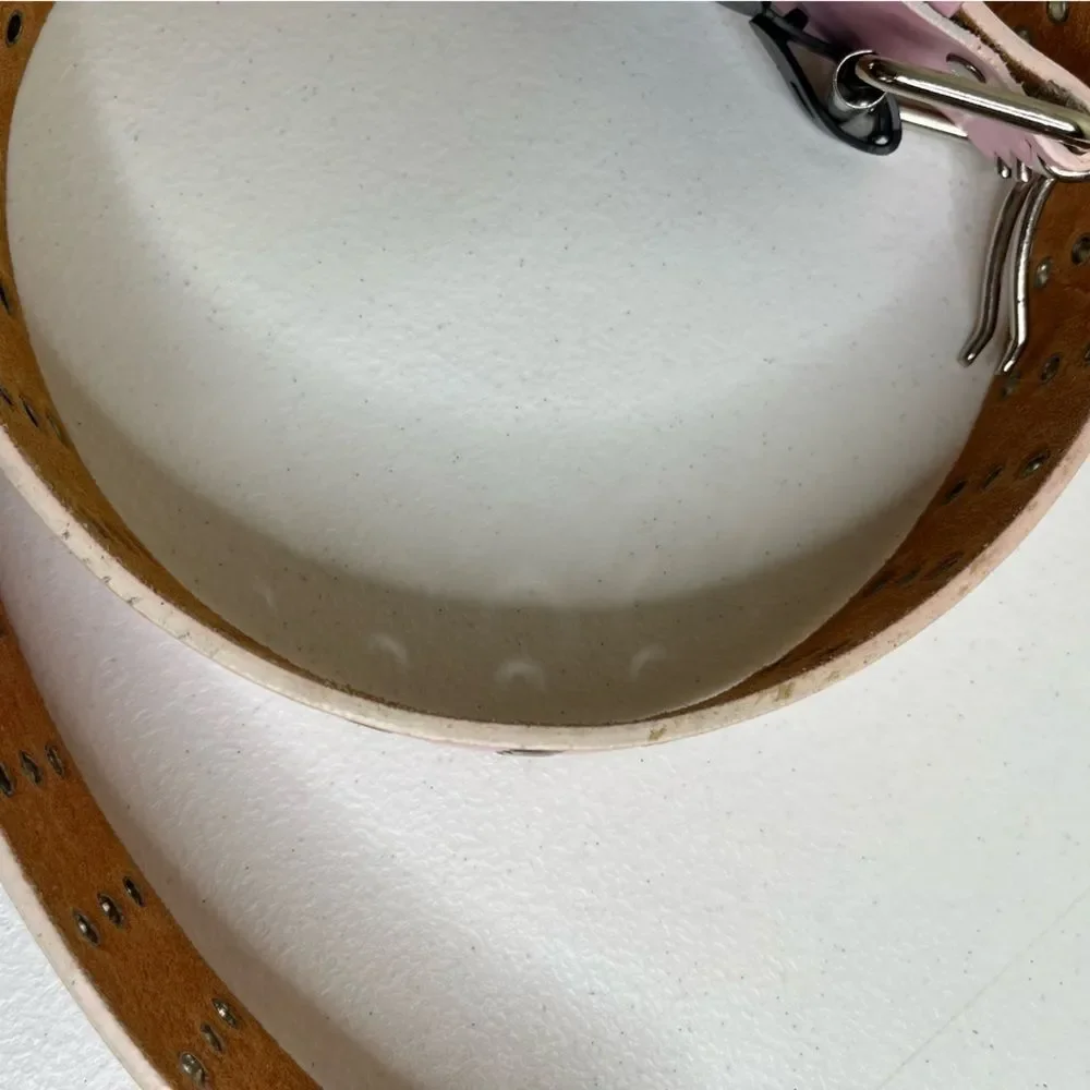 New Pink Leather Belt Silver Buckle Rivets Triple Hole Prong Women Large FLAWS